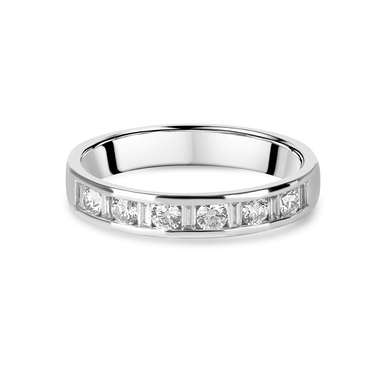 18ct White Gold Baguette & Round Brilliant Cut Diamond Half Eternity Pre-Owned Ring