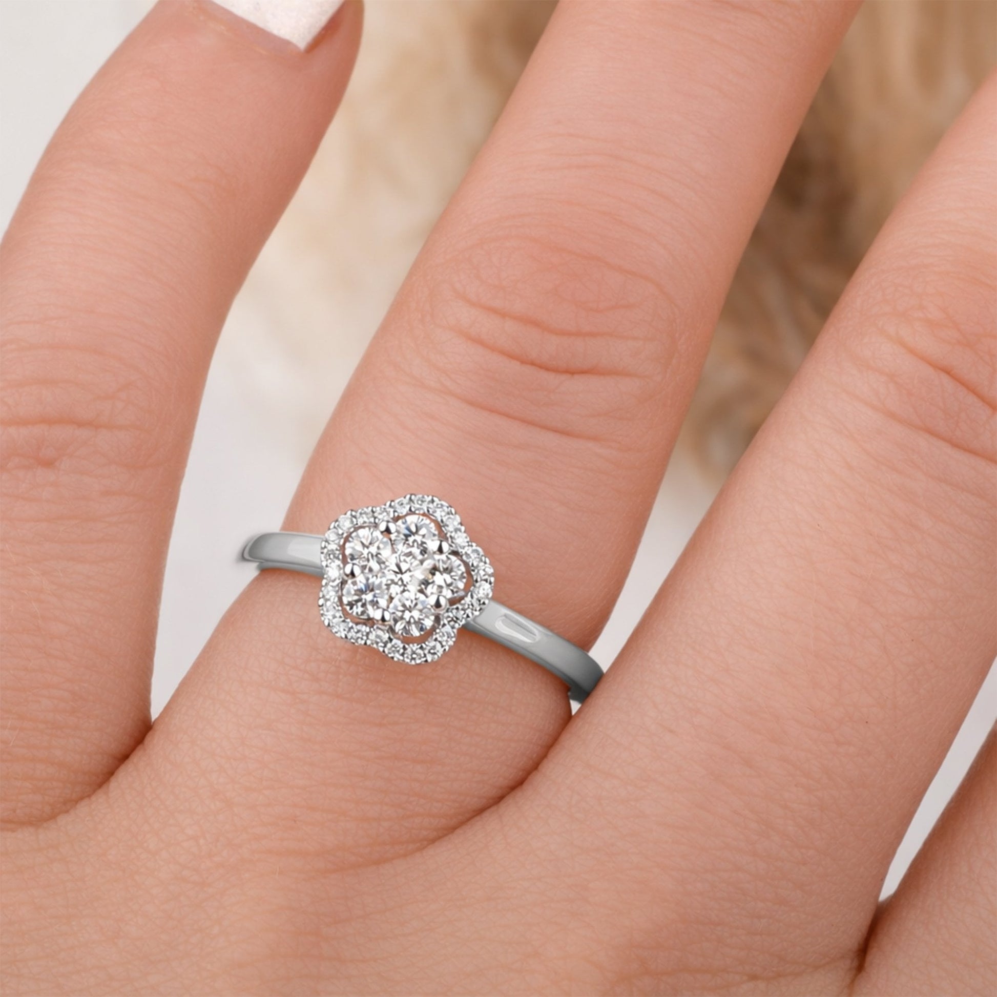 18ct White Gold Diamond Flower Halo Ring