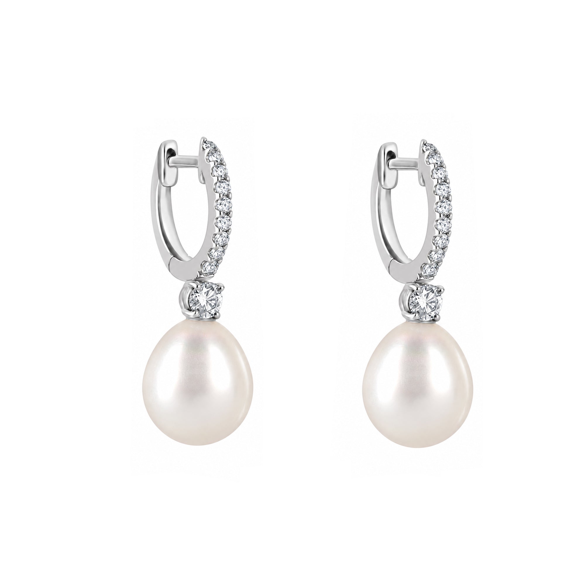 18ct White Gold Diamond Huggie Hoop & Pearl Drop Pre-Owned Earrings