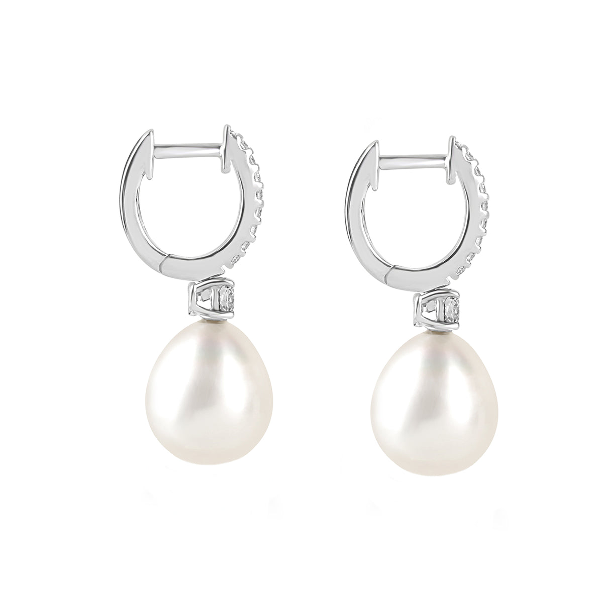 18ct White Gold Diamond Huggie Hoop & Pearl Drop Pre-Owned Earrings