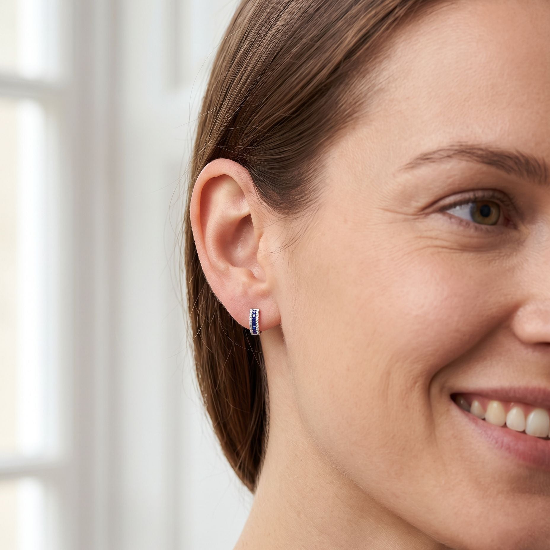 18ct White Gold Earrings with 0.86ct Princess Cut Sapphires and 0.19ct Diamond Huggie Hoops
