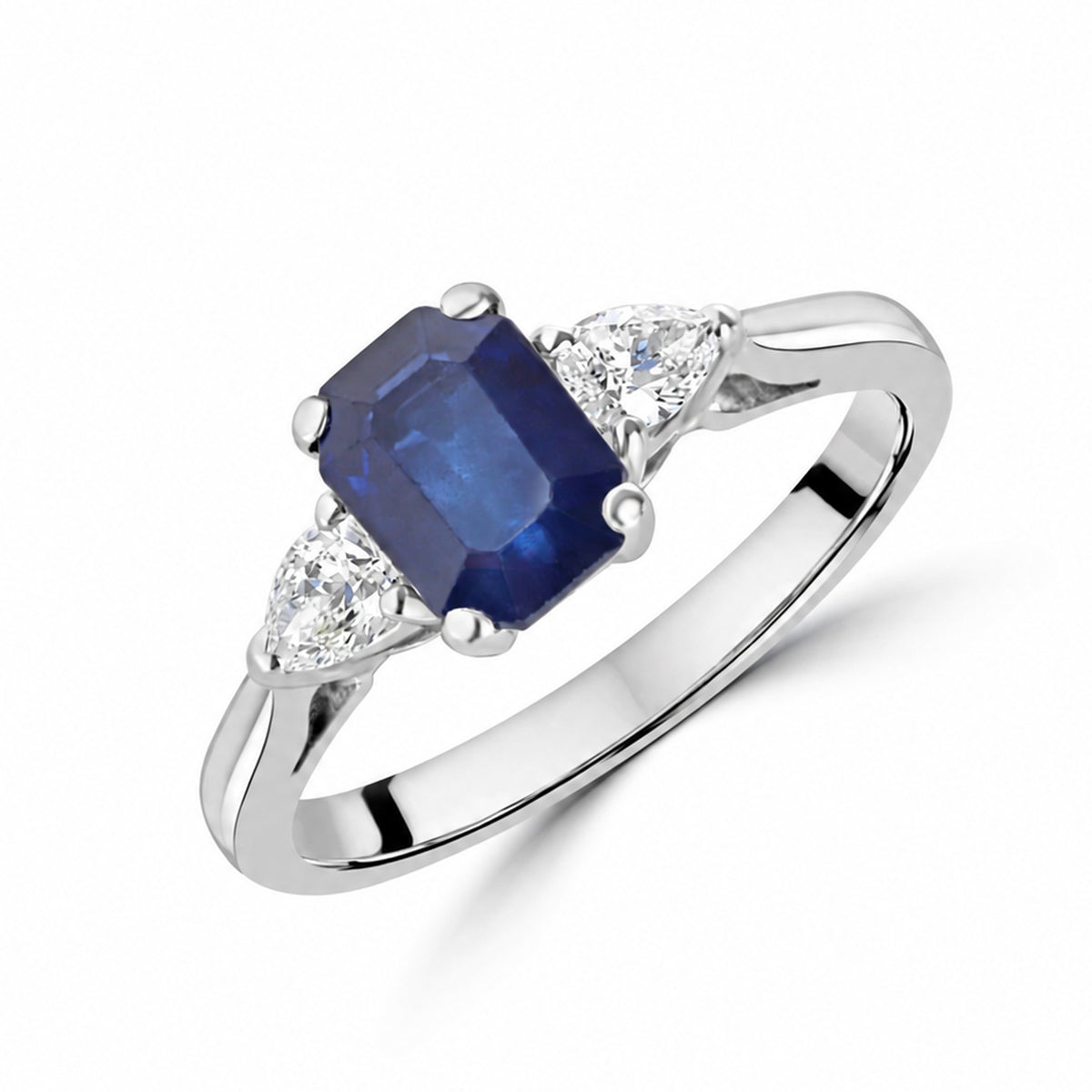 18ct White Gold Emerald Cut Sapphire & Pear Cut Diamond Three Stone Pre-Owned Ring