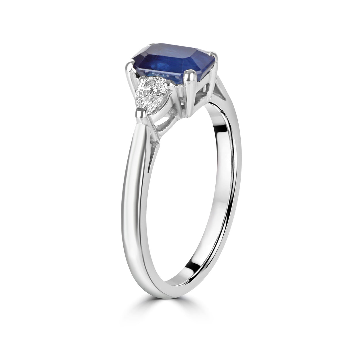 18ct White Gold Emerald Cut Sapphire & Pear Cut Diamond Three Stone Pre-Owned Ring