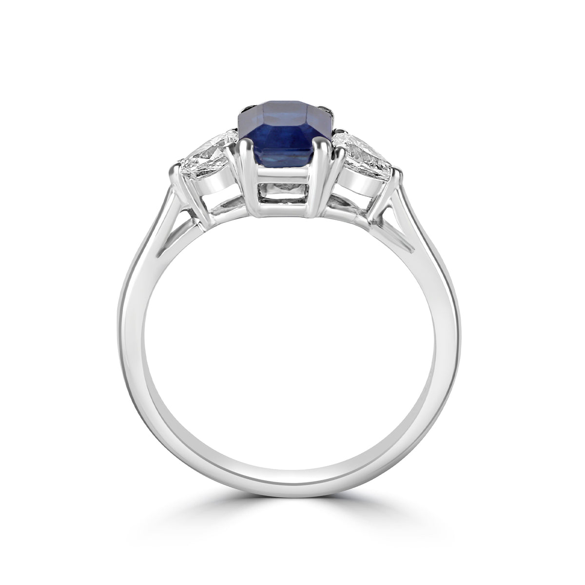 18ct White Gold Emerald Cut Sapphire & Pear Cut Diamond Three Stone Pre-Owned Ring