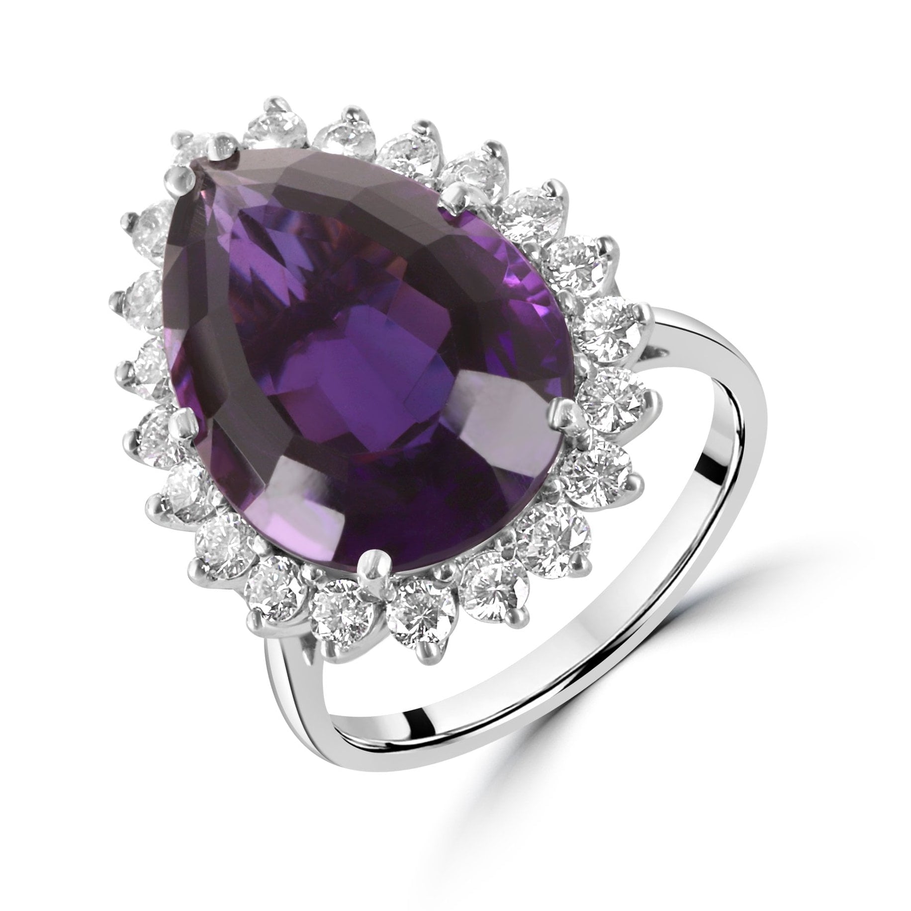 18ct White Gold Large Pear Cut Amethyst and Diamond Cluster Pre-Owned Ring