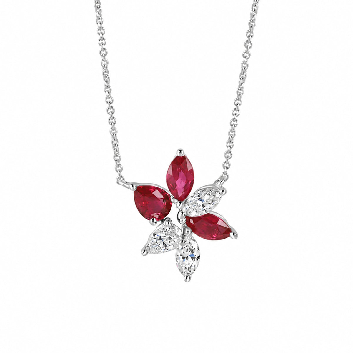 18ct White Gold Ruby & Diamond Scattered Flower Necklace