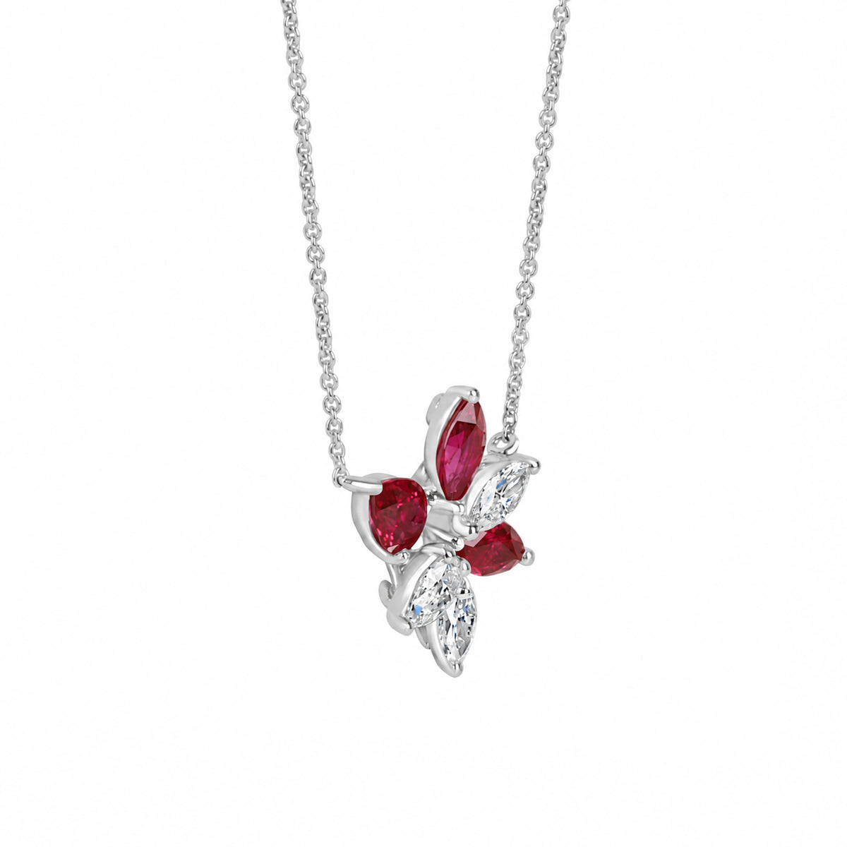18ct White Gold Ruby & Diamond Scattered Flower Necklace