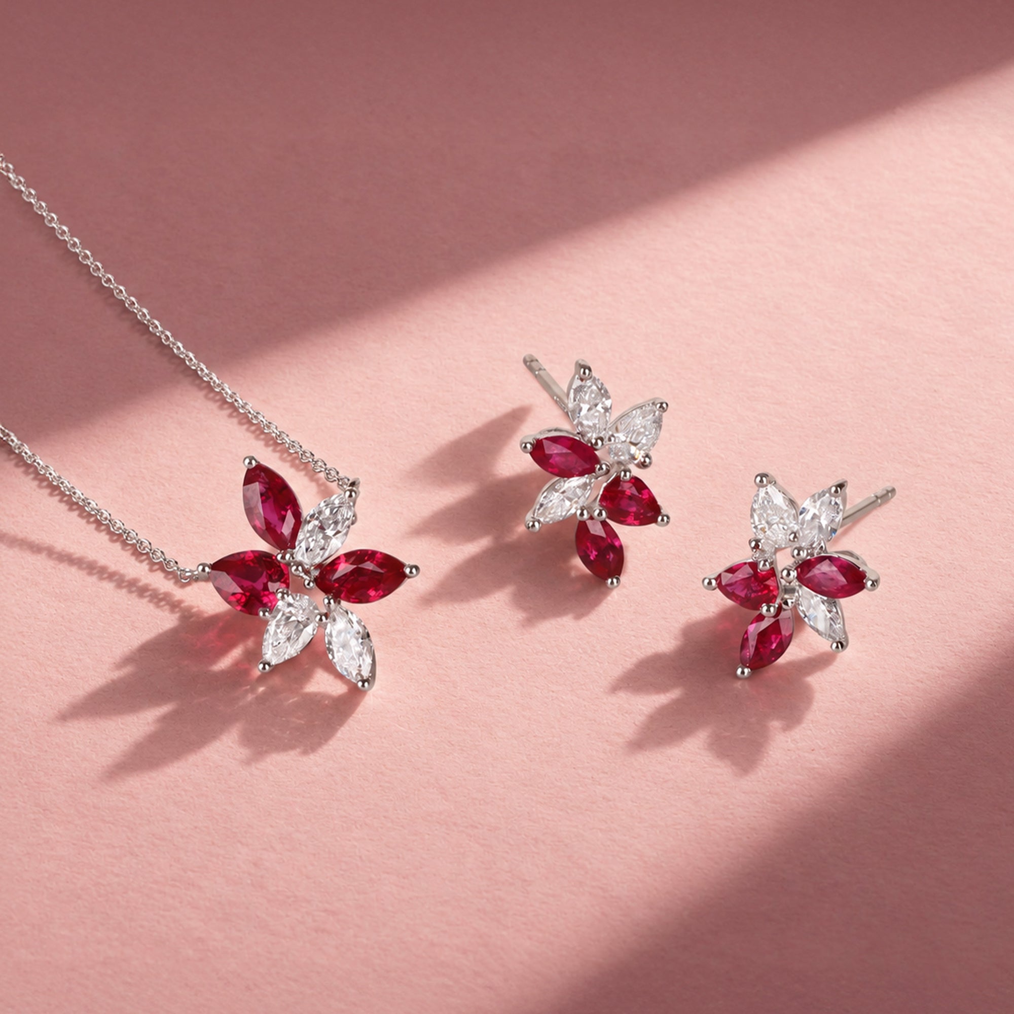 18ct White Gold Ruby & Diamond Scattered Flower Necklace