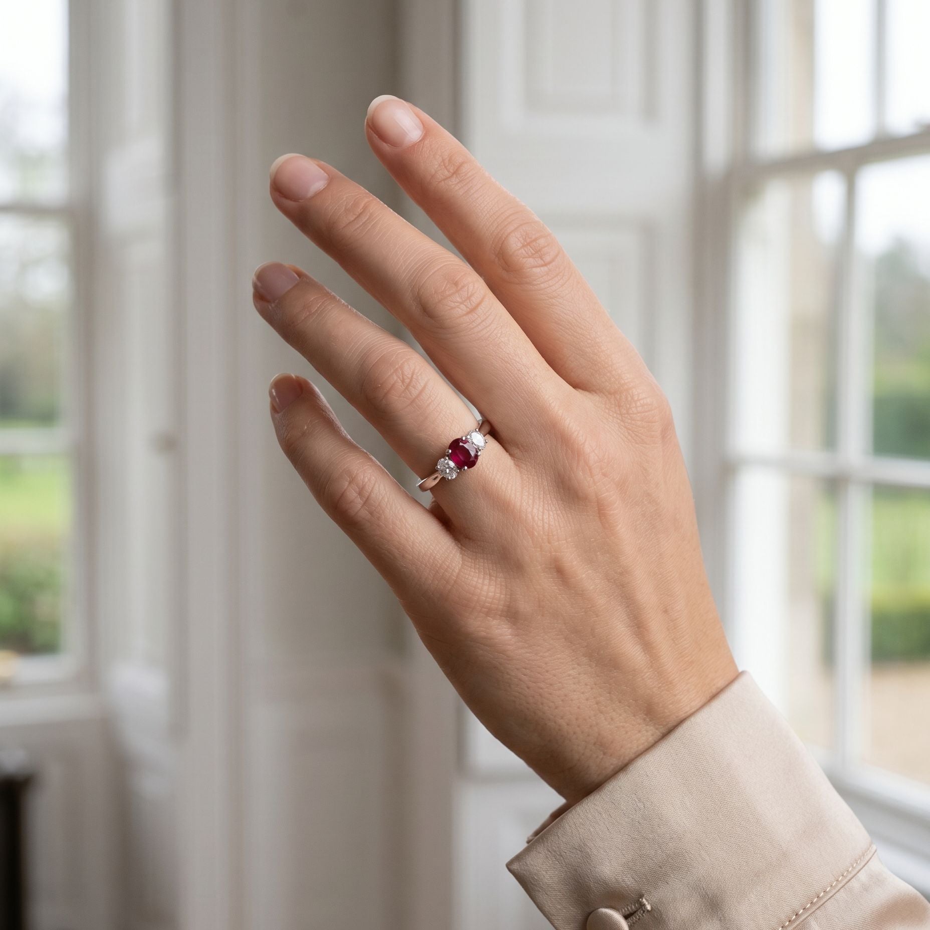18ct White Gold Ruby Diamond Three Stone Ring