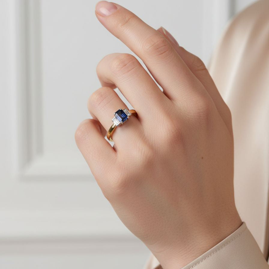 18ct Yellow Gold 1.38ct Sapphire and Diamond three Stone Ring