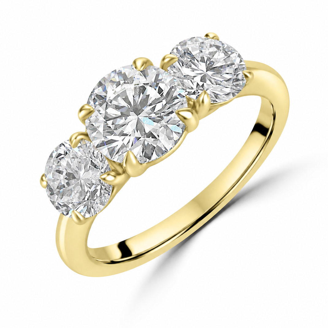 18ct Yellow Gold 3.00ct Total Three Stone Round Lab Diamond Ring