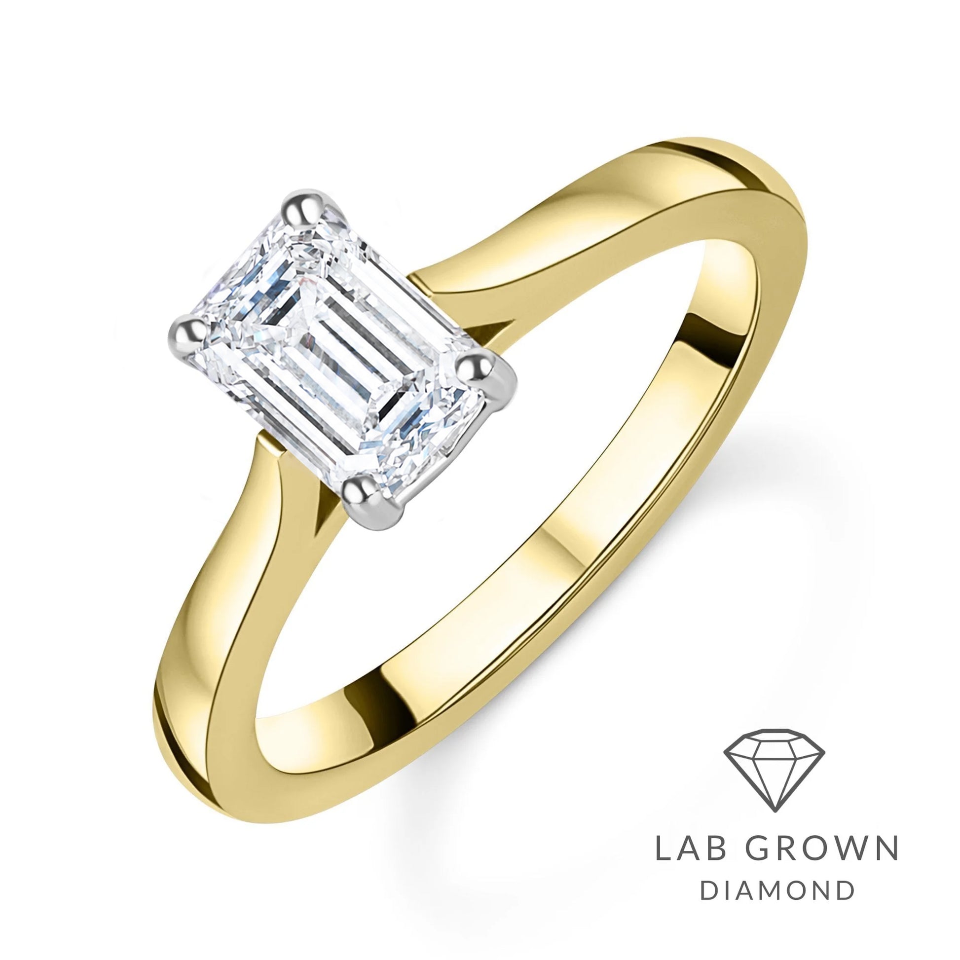 18ct Yellow Gold Emerald Cut Lab Grown Diamond Solitaire Engagement Ring