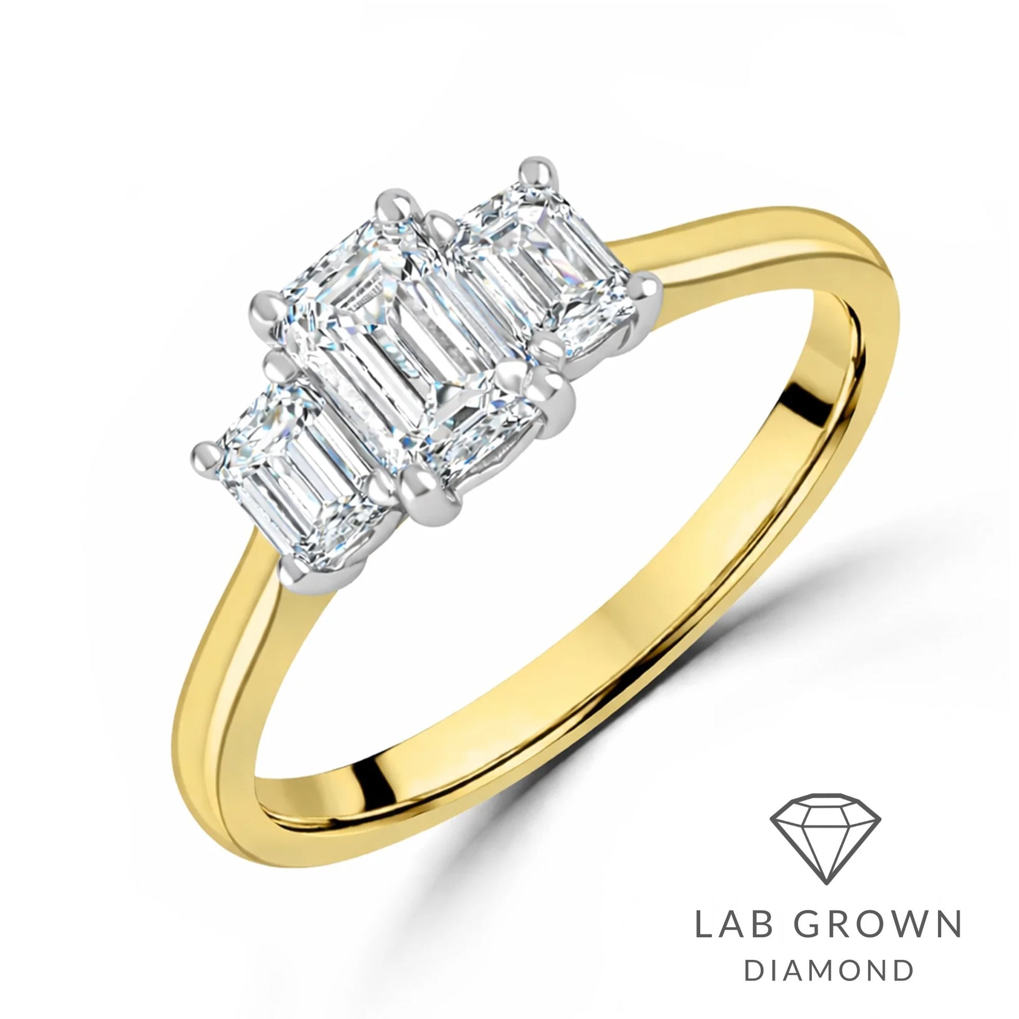 18ct Yellow Gold Emerald Cut Lab Grown Diamond Three Stone Engagement Ring
