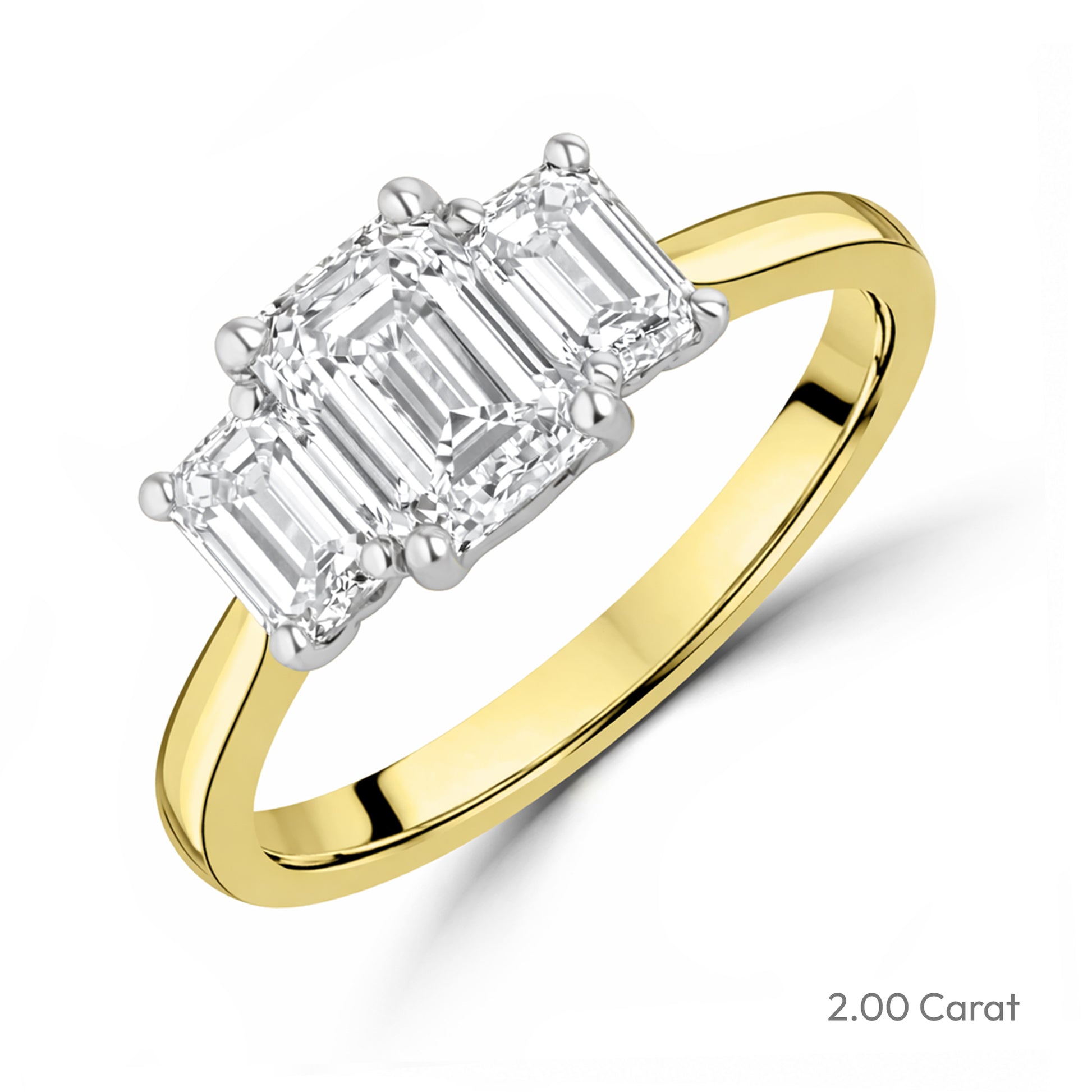 18ct Yellow Gold Emerald Cut Lab Grown Diamond Three Stone Engagement Ring