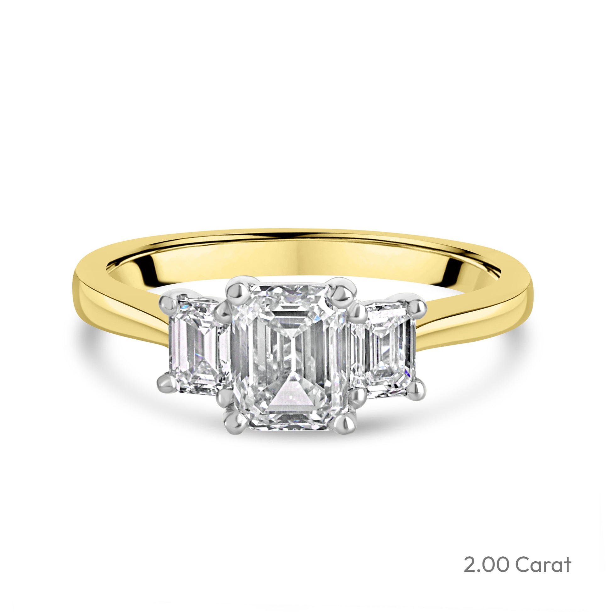 18ct Yellow Gold Emerald Cut Lab Grown Diamond Three Stone Engagement Ring