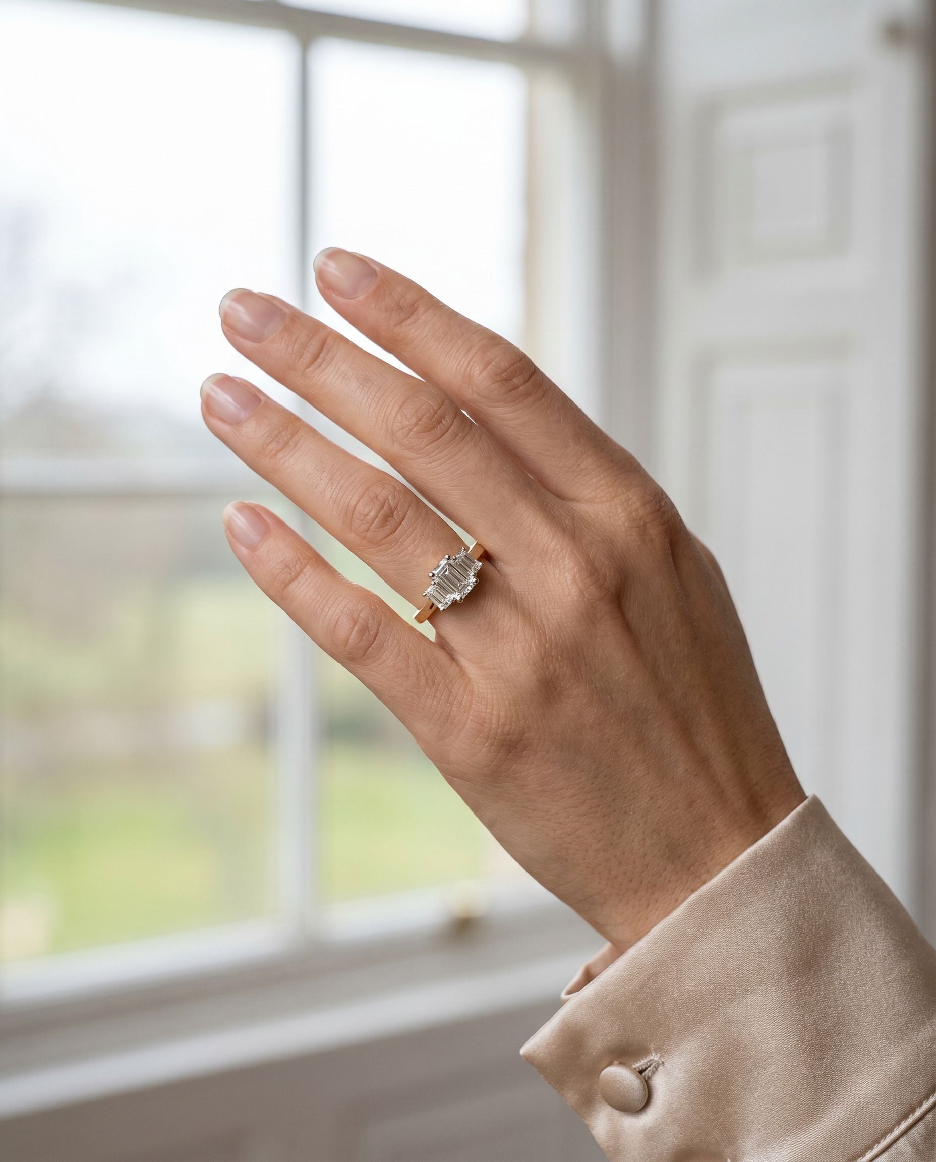 18ct Yellow Gold Emerald Cut Lab Grown Diamond Three Stone Engagement Ring