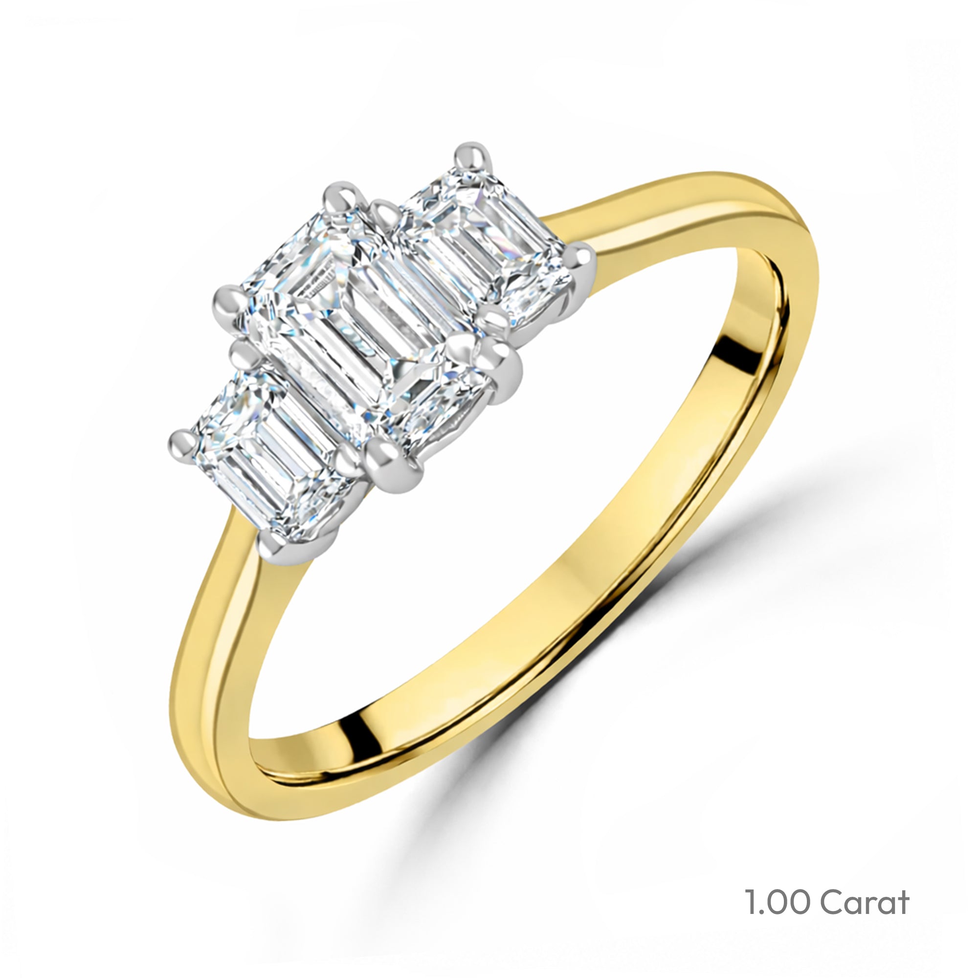 18ct Yellow Gold Emerald Cut Lab Grown Diamond Three Stone Engagement Ring
