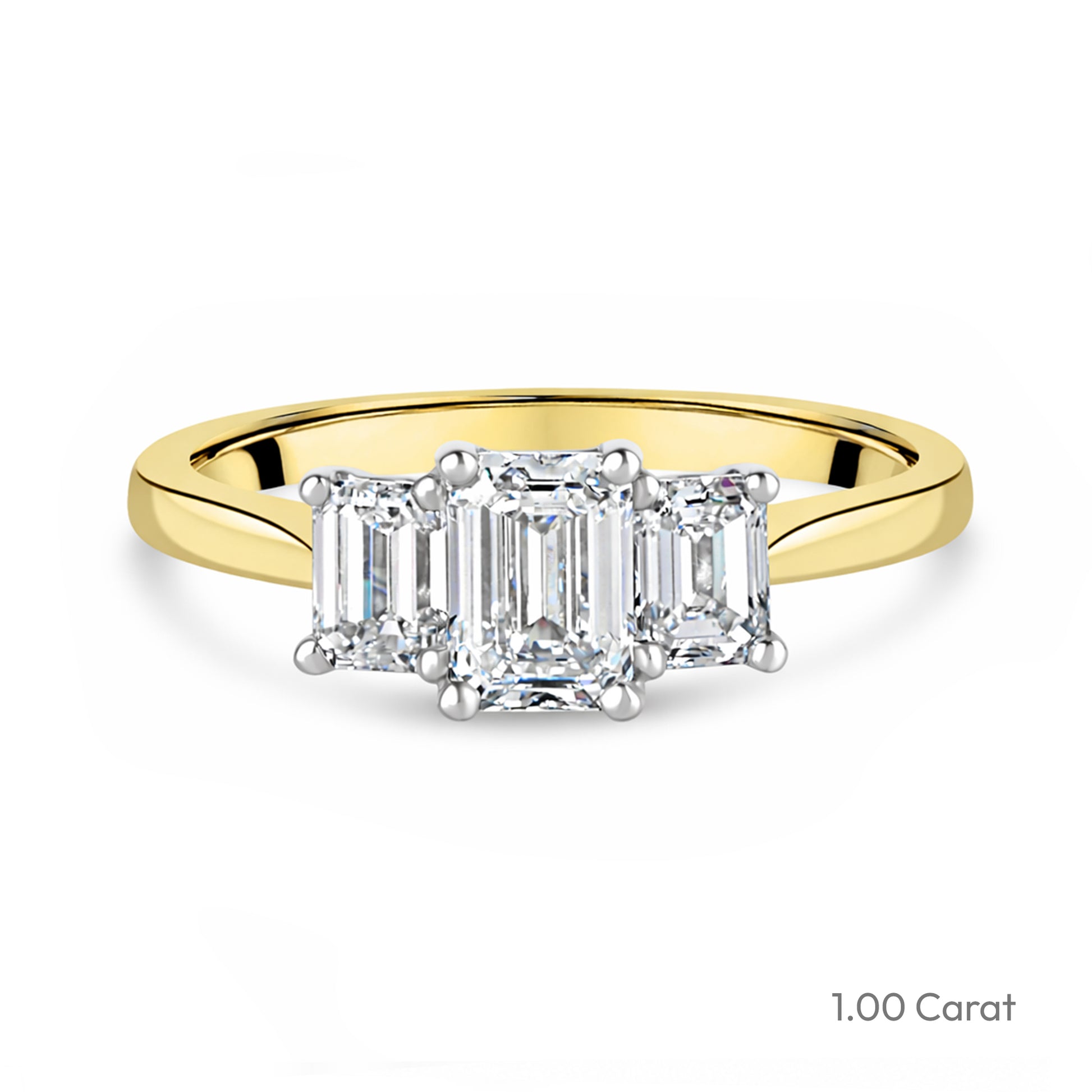 18ct Yellow Gold Emerald Cut Lab Grown Diamond Three Stone Engagement Ring