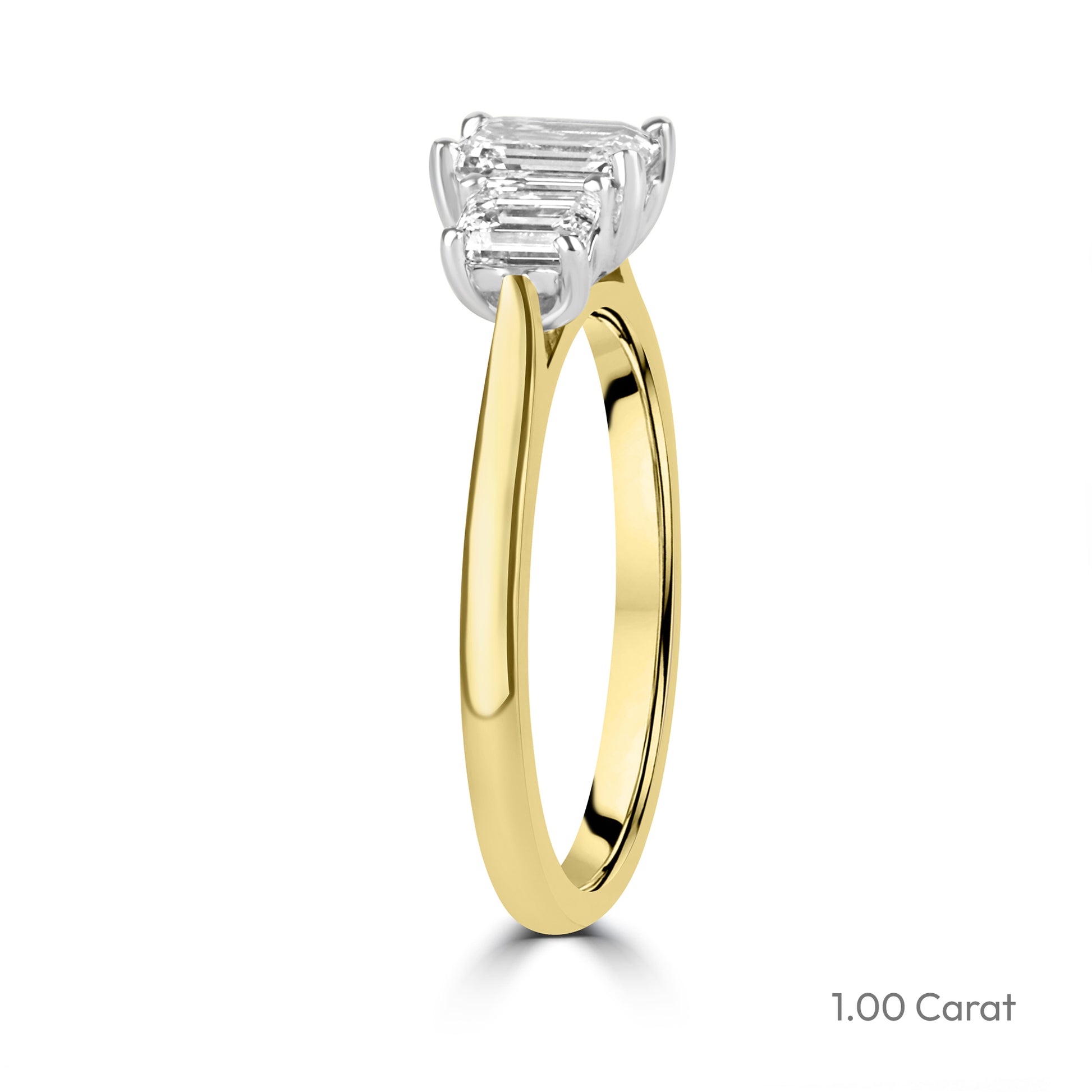 18ct Yellow Gold Emerald Cut Lab Grown Diamond Three Stone Engagement Ring