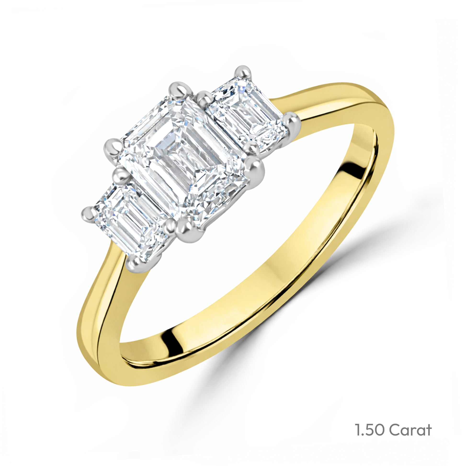 18ct Yellow Gold Emerald Cut Lab Grown Diamond Three Stone Engagement Ring