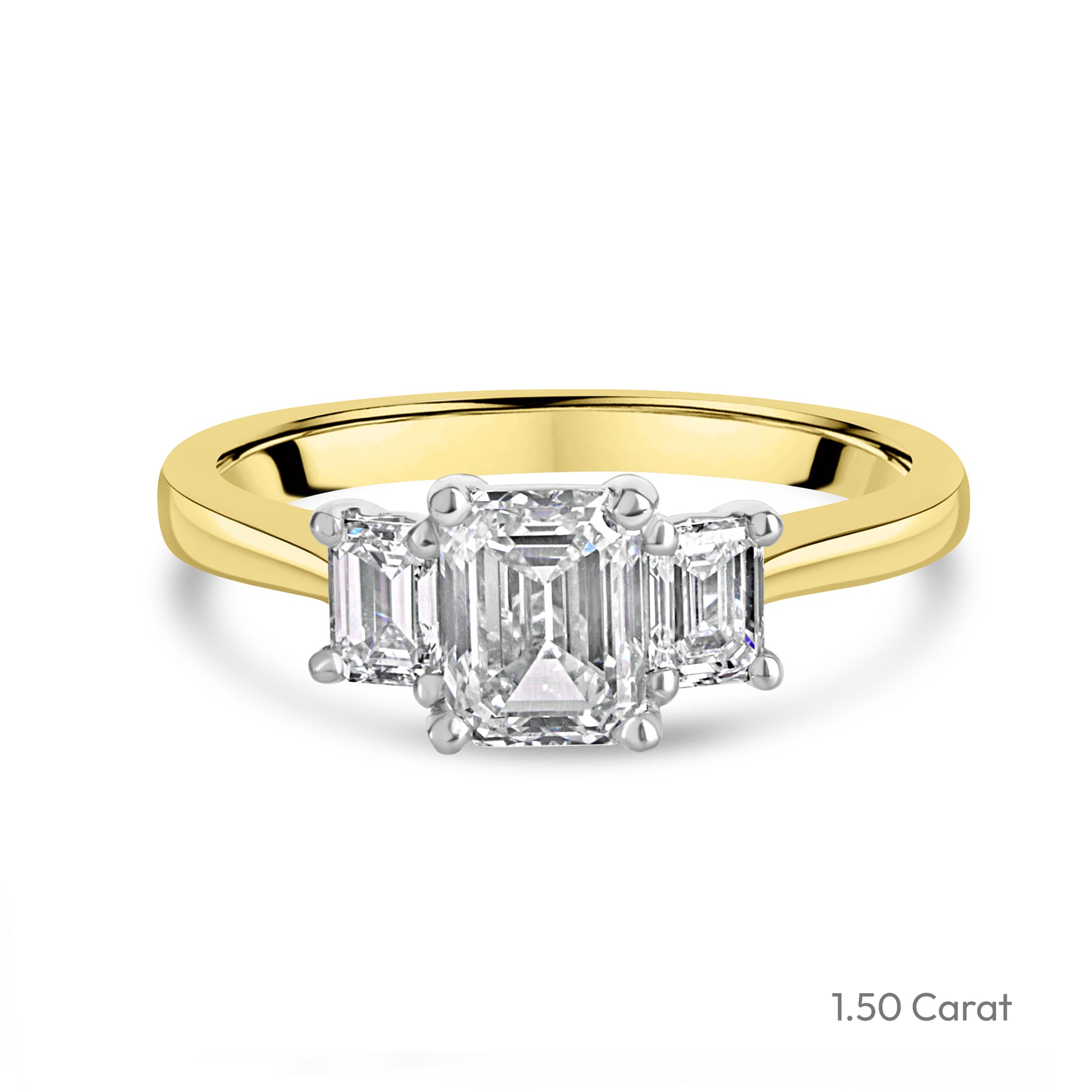 18ct Yellow Gold Emerald Cut Lab Grown Diamond Three Stone Engagement Ring