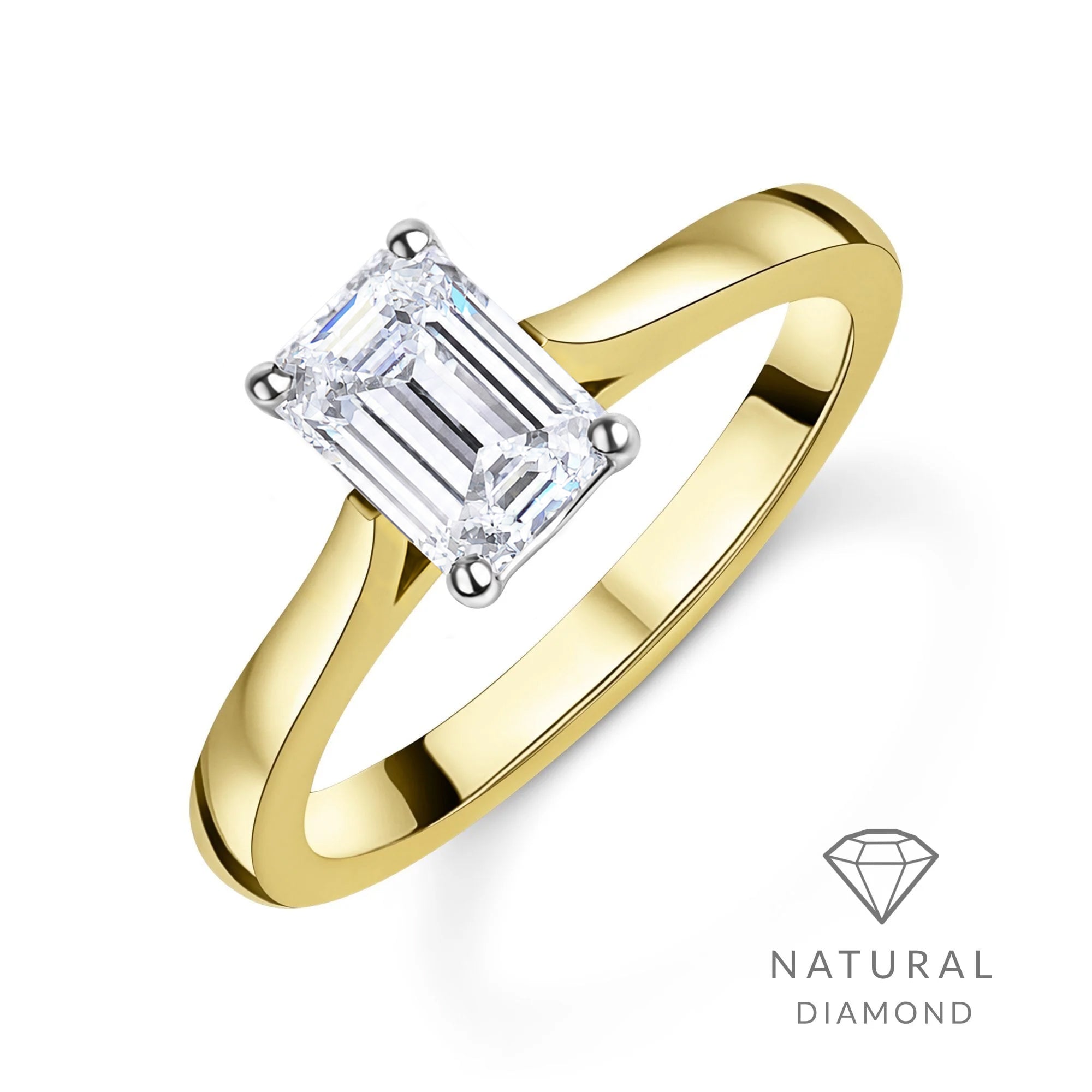 18ct Yellow Gold Emerald Cut Natural Diamond Four Claw Solitaire Engagement Ring