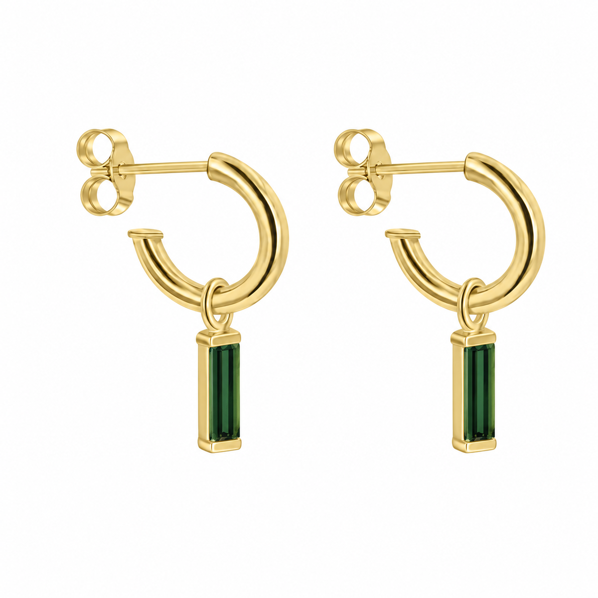 18ct Yellow Gold Green Tourmaline Oblong Charms (For Huggie Hoops Sold Separately)