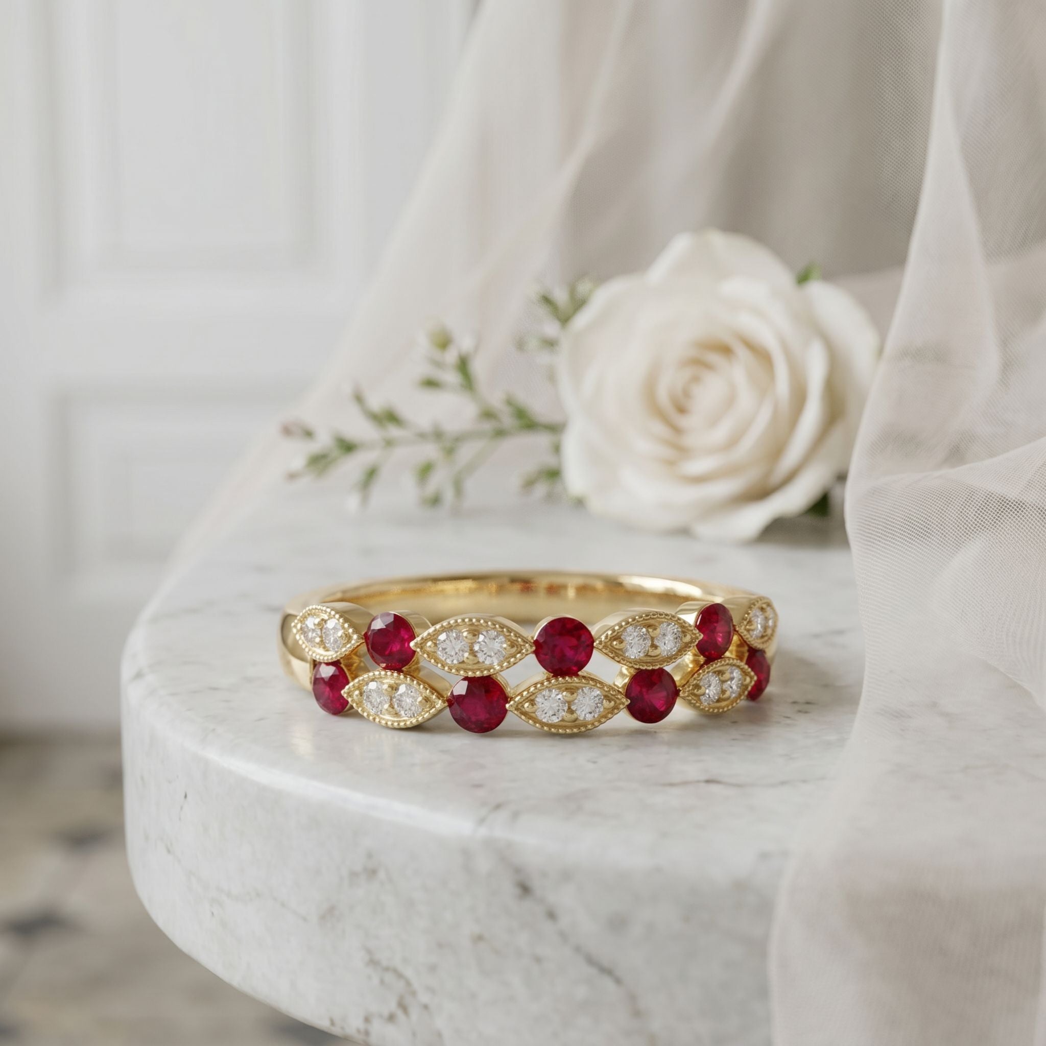 18ct Yellow Gold Milgrain Ruby Diamond 0.14ct Total Dress Ring