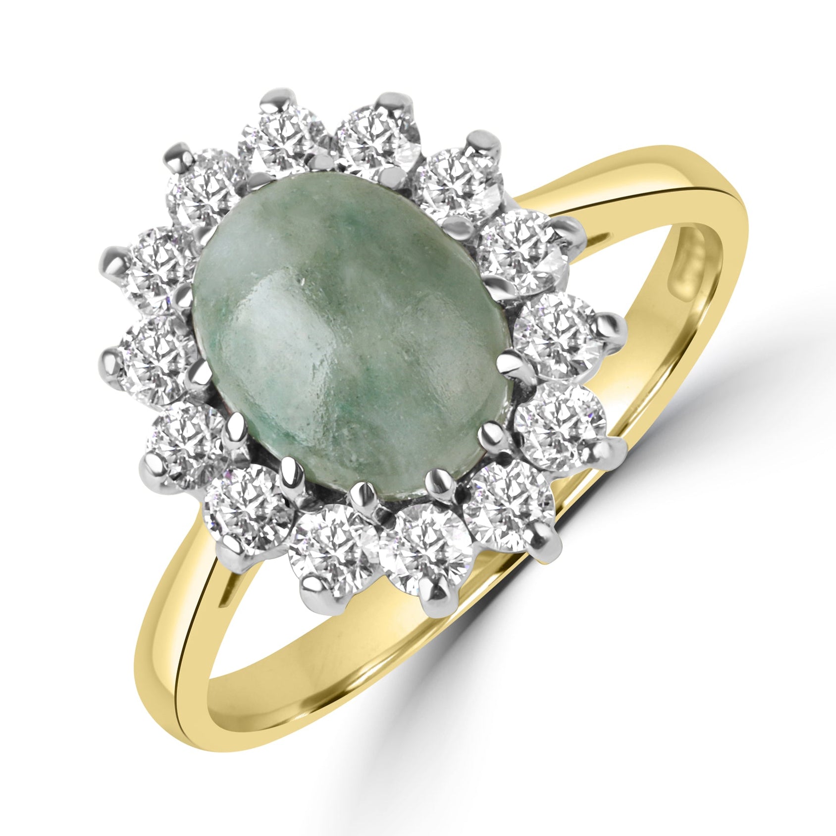 18ct Yellow Gold Oval Jade and Diamond Cluster Pre-Owned Ring