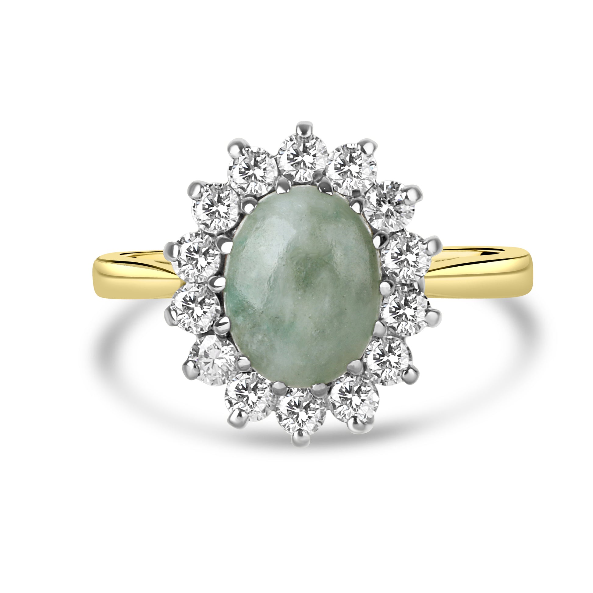 18ct Yellow Gold Oval Jade and Diamond Cluster Pre-Owned Ring
