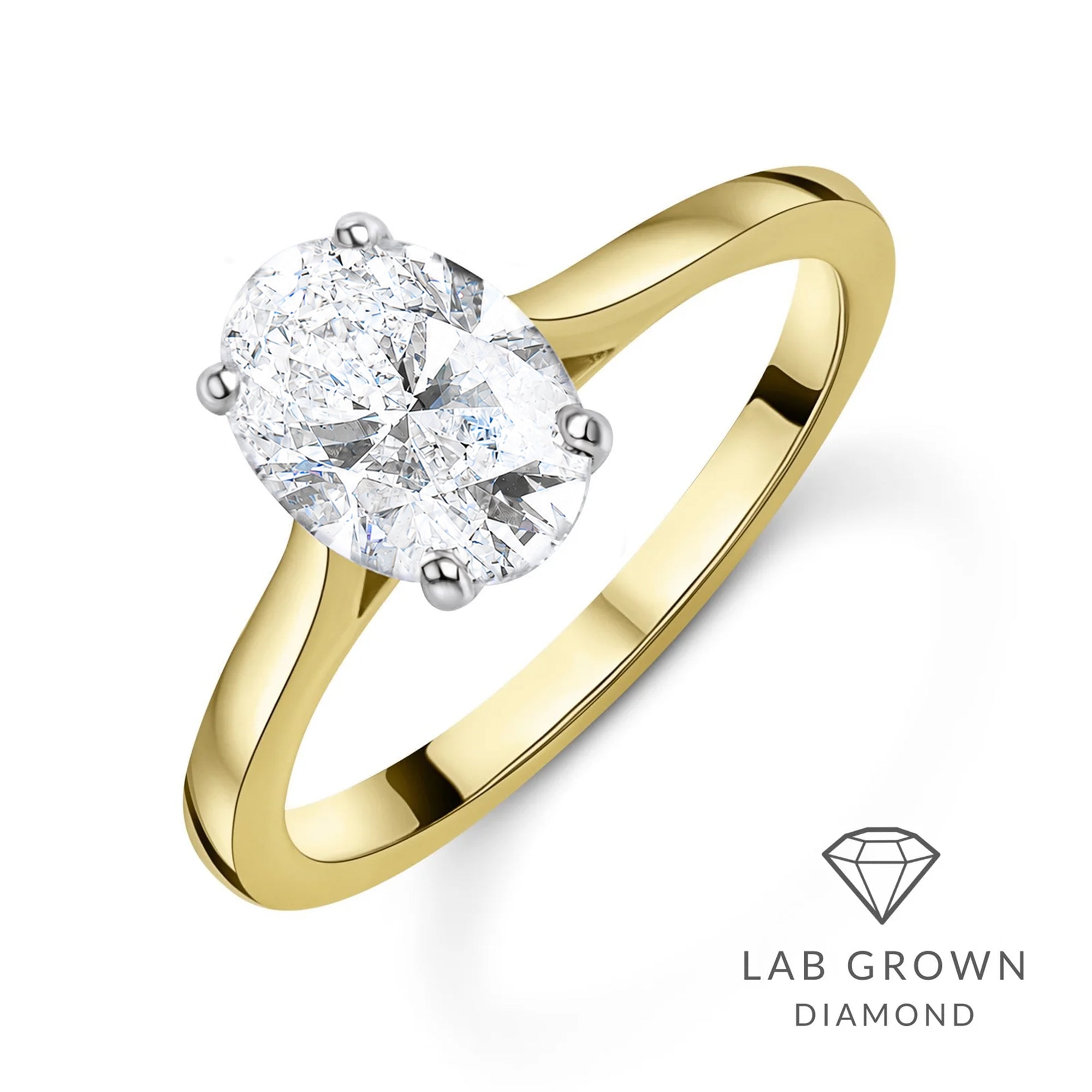 18ct Yellow Gold Oval Lab Grown Diamond Four Claw Solitaire Engagement Ring