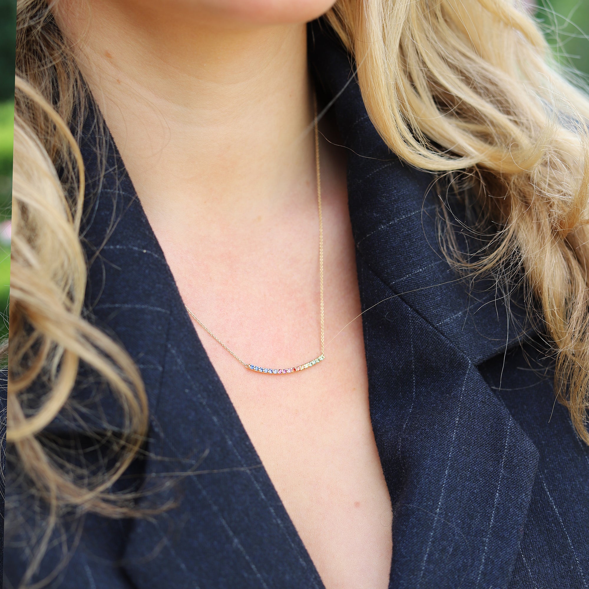 18ct Yellow Gold Rainbow Sapphire Curved Bar Necklace
