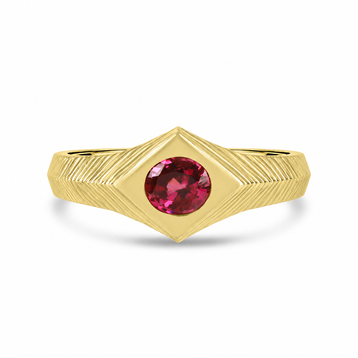 18ct Yellow Gold, Ridge Detail, Flush Set Pink Oval Spinel Dress Ring
