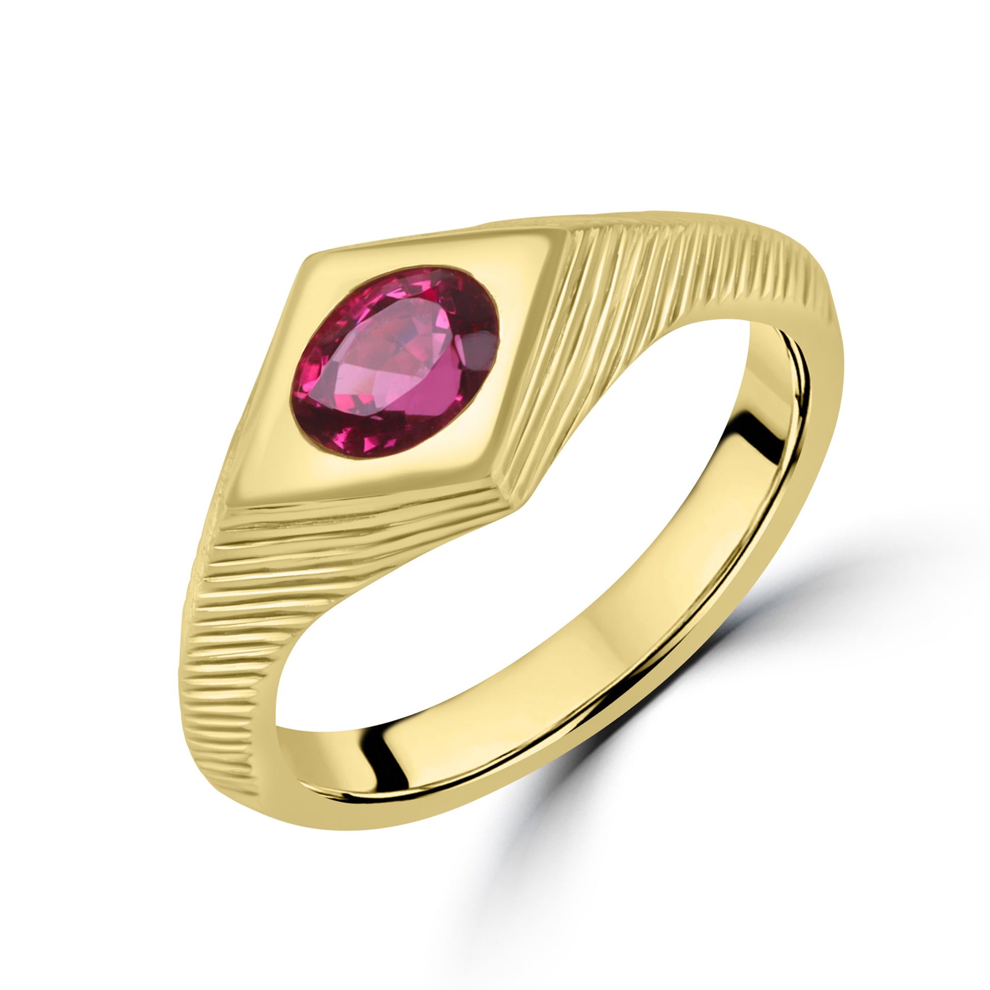 18ct Yellow Gold, Ridge Detail, Flush Set Pink Oval Spinel Dress Ring