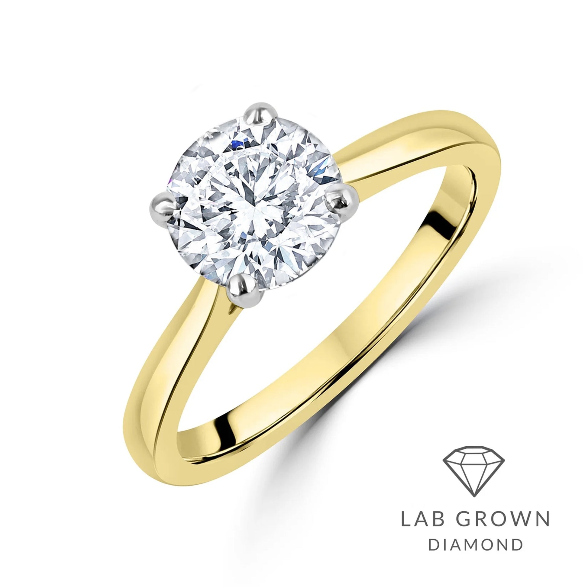 18ct Yellow Gold Round Brilliant Cut Lab Grown Diamond High Set Solitaire Engagement Ring