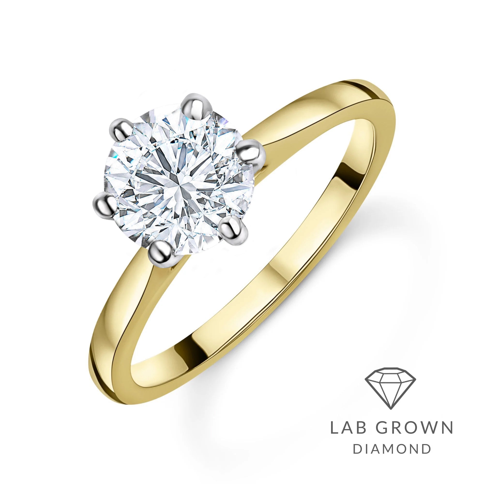 18ct Yellow Gold Round Brilliant Cut Lab Grown Diamond Six Claw Solitaire Engagement Ring