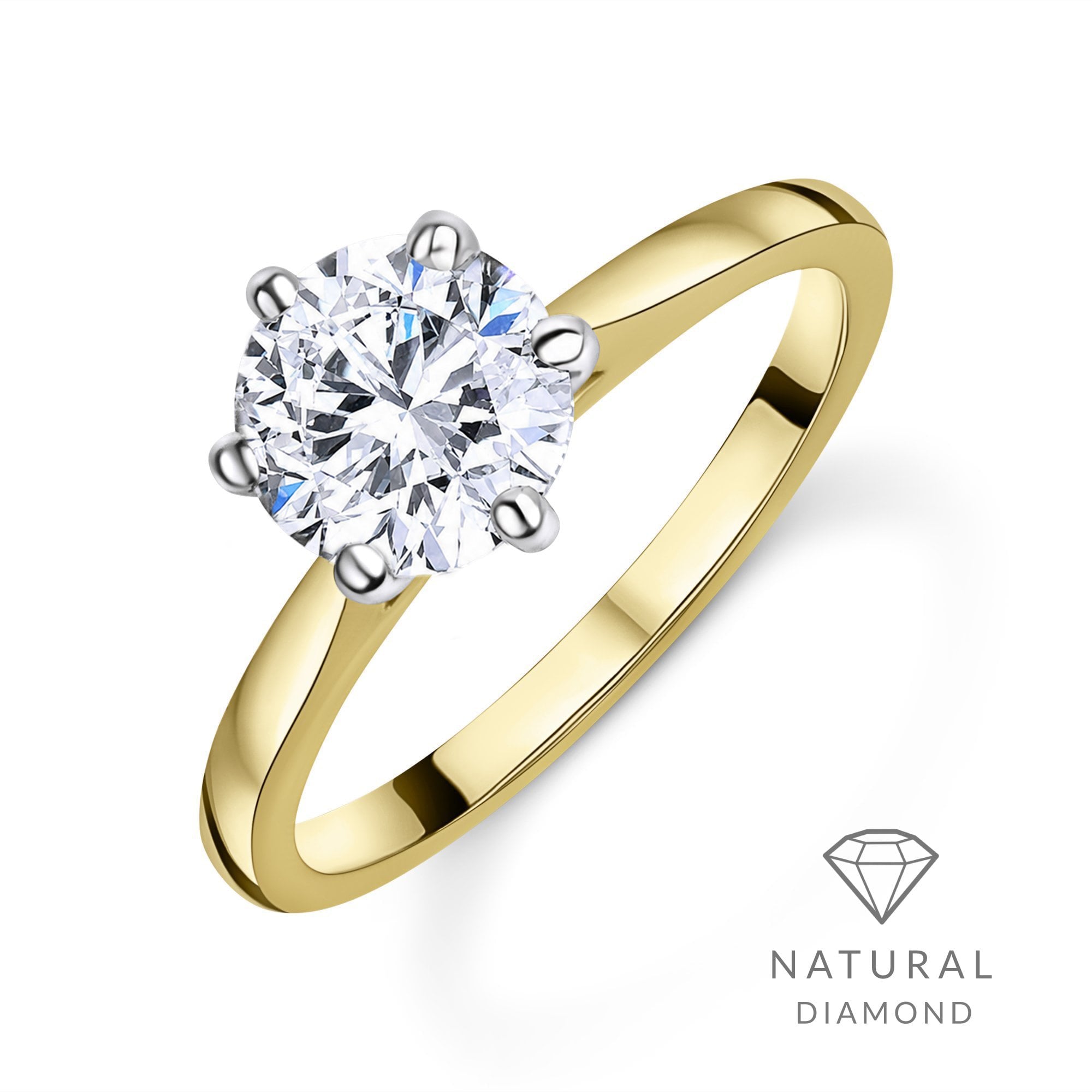 18ct Yellow Gold Round Brilliant Cut Natural Diamond Six Claw Solitaire Engagement Ring