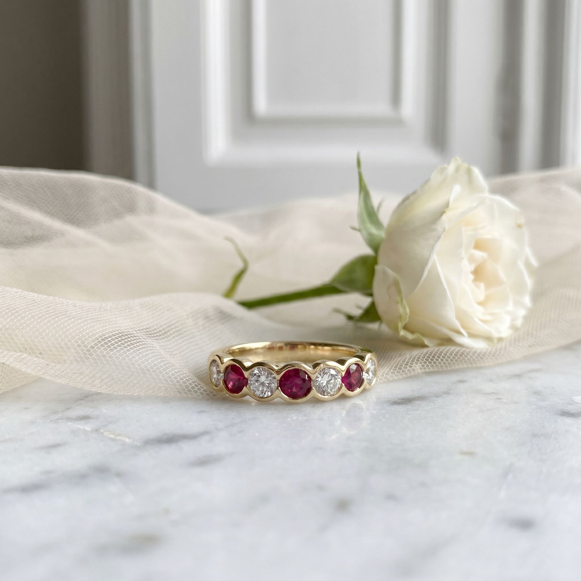 18ct Yellow Gold Round Ruby and Diamond Scalloped Edge Eternity Ring