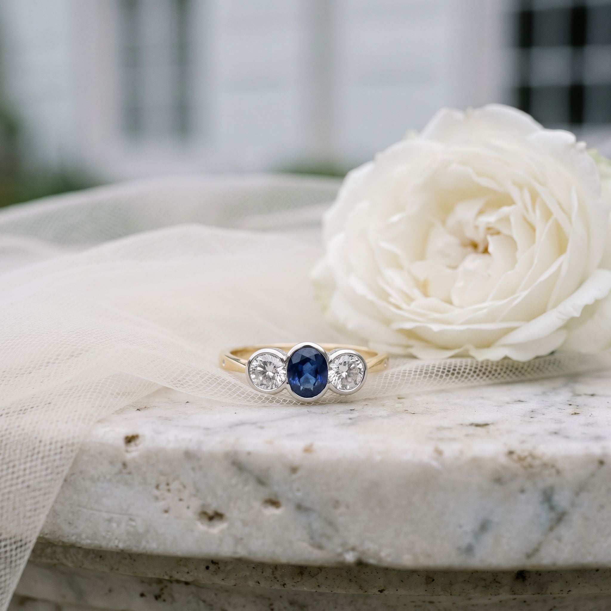 18ct Yellow Gold Sapphire and Diamond Three Stone Pre-Owned Ring
