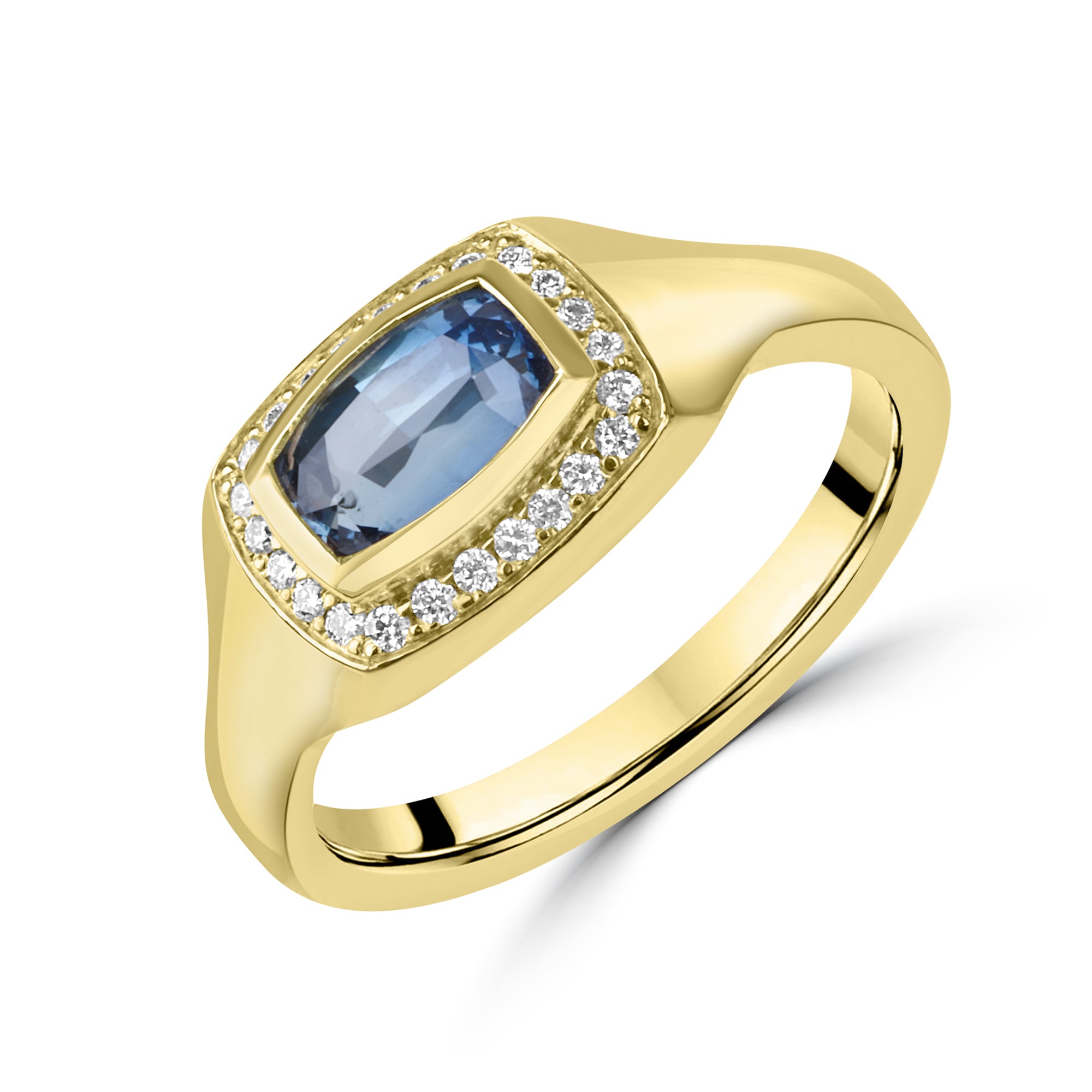18ct Yellow Gold Signet-Style Sapphire Dress Ring with Diamond Halo