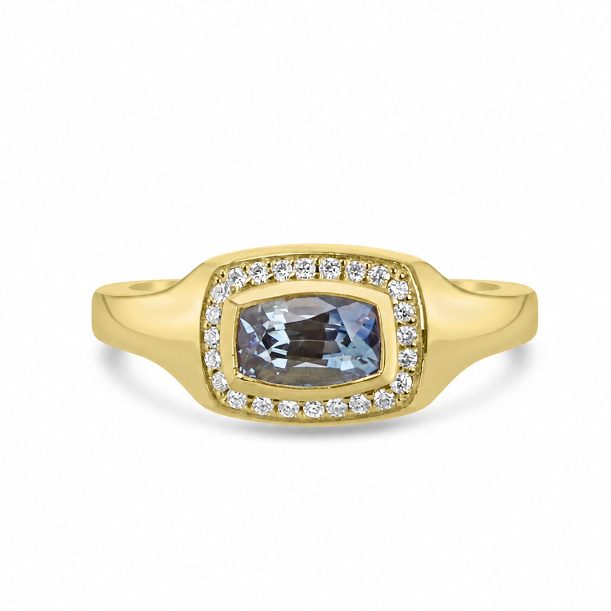 18ct Yellow Gold Signet-Style Sapphire Dress Ring with Diamond Halo
