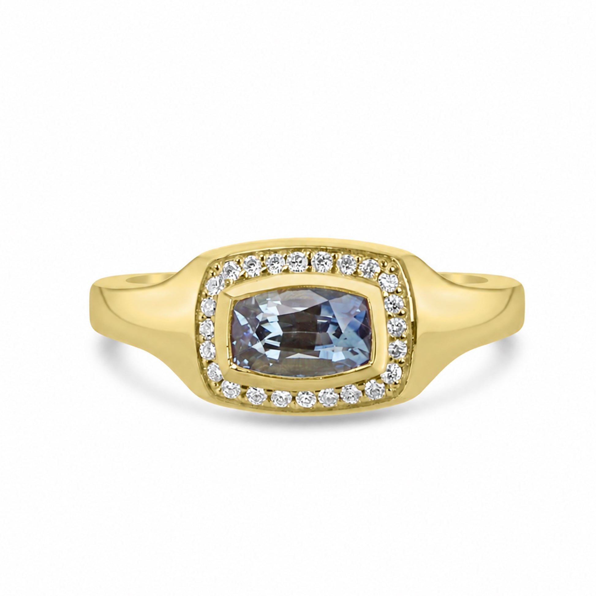 18ct Yellow Gold Signet-Style Sapphire Dress Ring with Diamond Halo