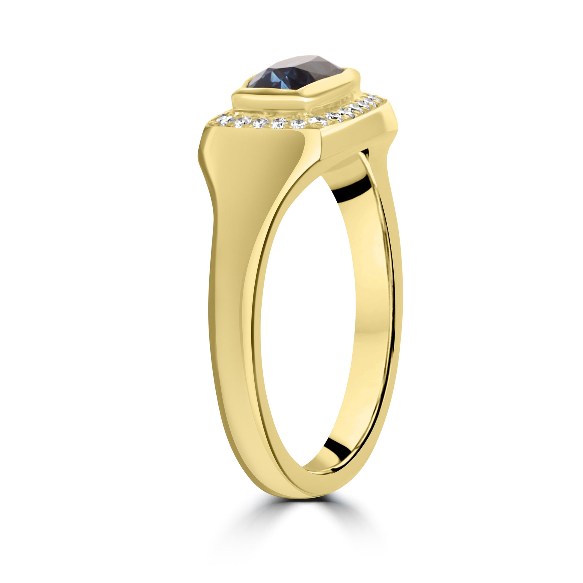 18ct Yellow Gold Signet-Style Sapphire Dress Ring with Diamond Halo
