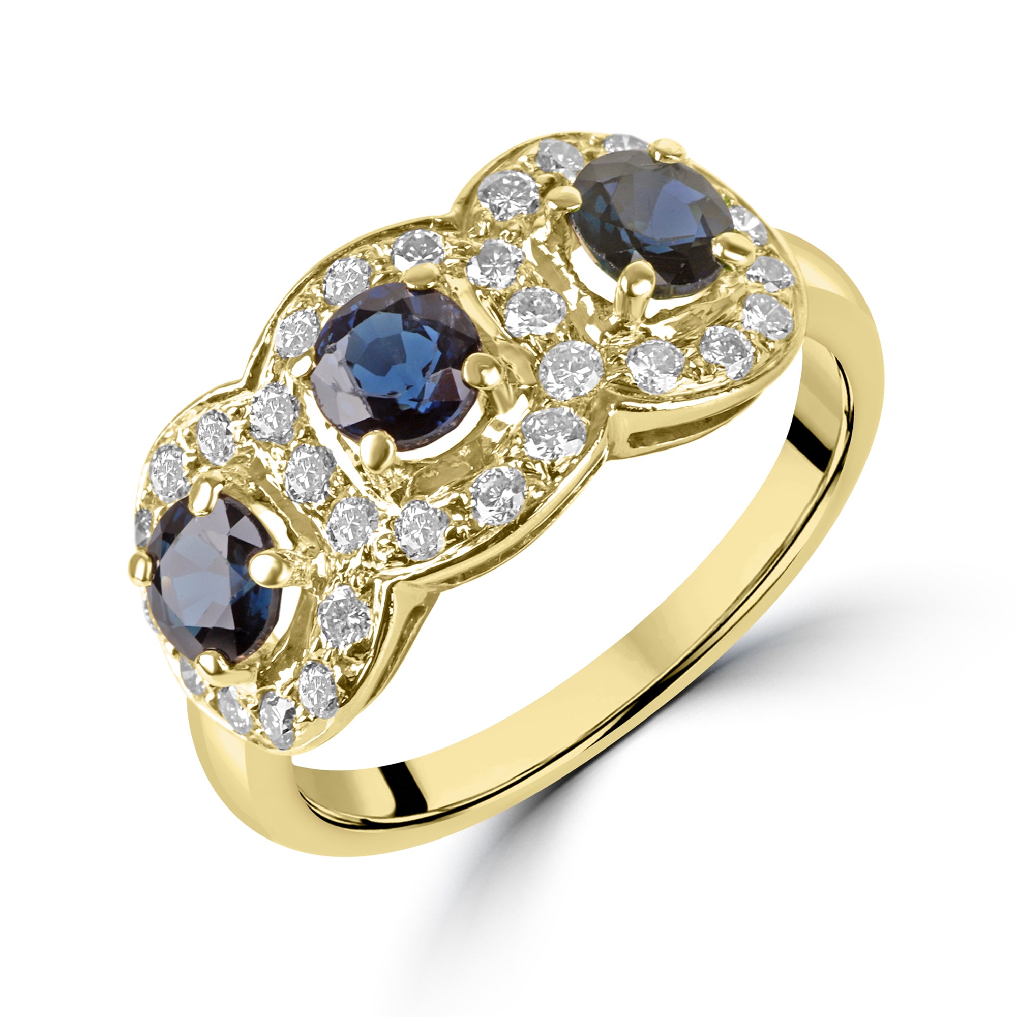 18ct Yellow Gold Three Sapphire & Diamond Halo Cluster Pre Owned Ring