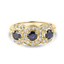 18ct Yellow Gold Three Sapphire & Diamond Halo Cluster Pre Owned Ring