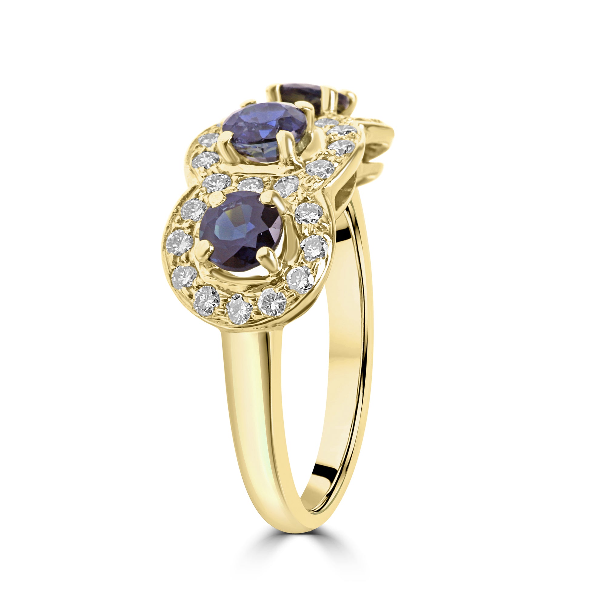 18ct Yellow Gold Three Sapphire & Diamond Halo Cluster Pre Owned Ring