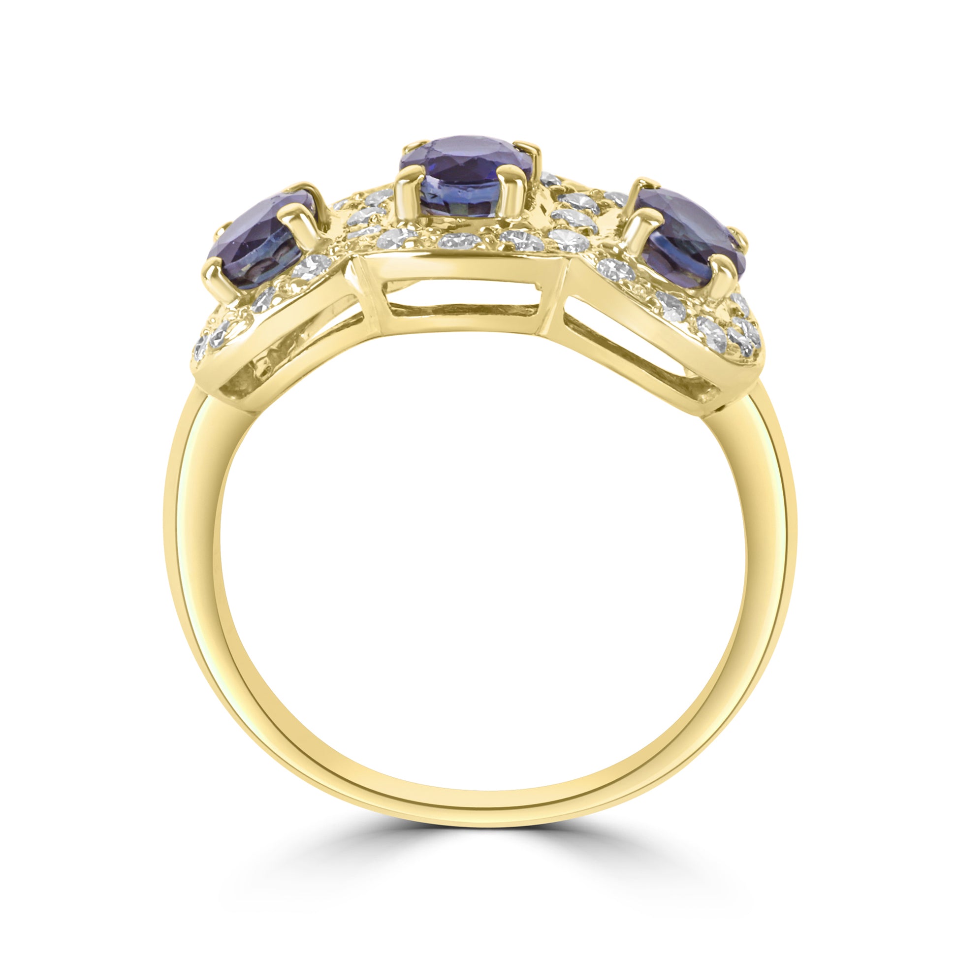 18ct Yellow Gold Three Sapphire & Diamond Halo Cluster Pre Owned Ring