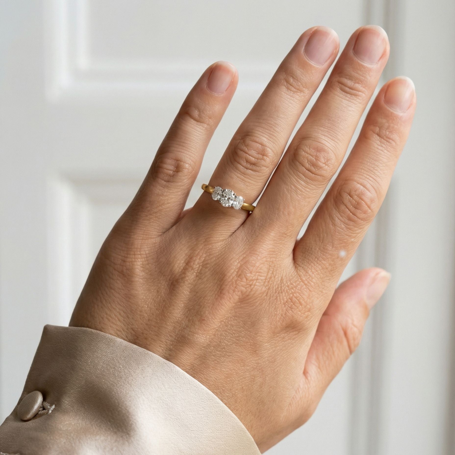 18ct Yellow Gold with Platinum Setting Three Stone Oval Diamond Ring