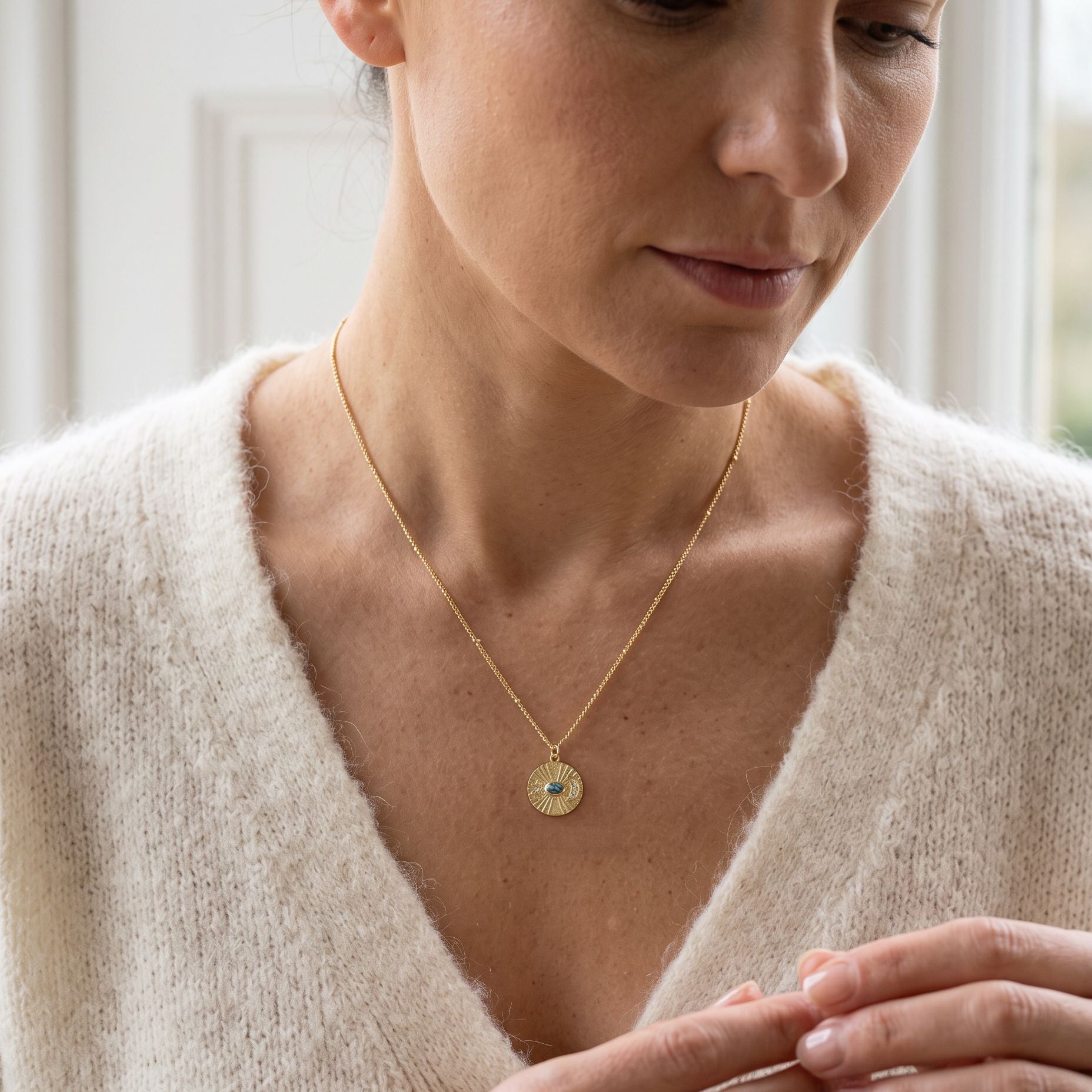 24ct Yellow Gold Plated Silver Disc Necklace With Turquoise and CZs