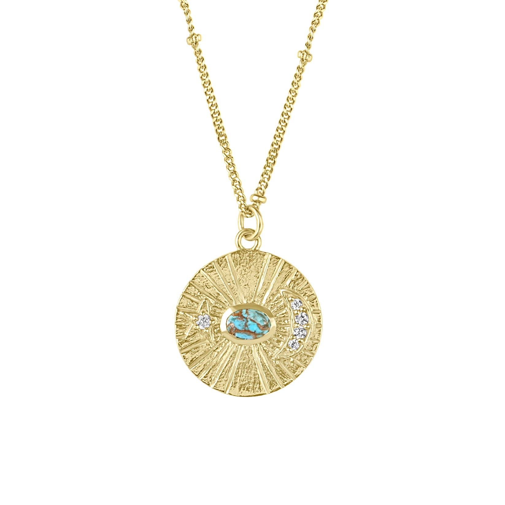 24ct Yellow Gold Plated Silver Disc Necklace With Turquoise and CZs